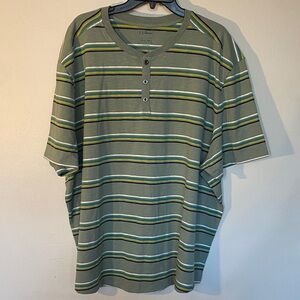 L.L. Bean Olive Green Short-Sleeve Henley with Yellow & White Stripe Detail